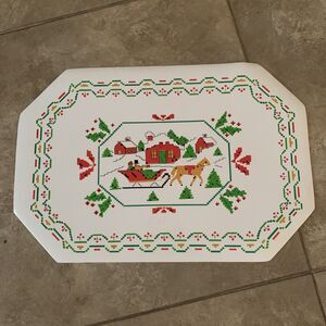 Set of (4) Cross-stitch Design Christmas Sleigh Vinyl Placemats Red Green White